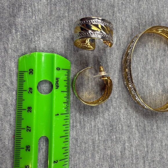 Gold Silver-Tone Cuff Bracelet Hoop Earrings Textured Design Jewelry Set - Picture 9 of 16